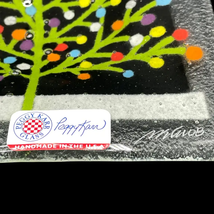 2006 Peggy Karr 14” Tannenbaum Tray Christmas Trees Fused Glass Plate Signed