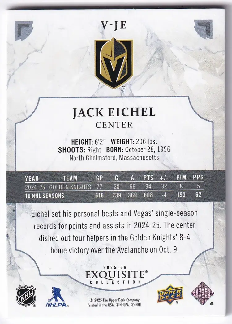 2025-26 Exquisite Collection #VJE Jack Eichel Vegas Golden Knights Hockey Card