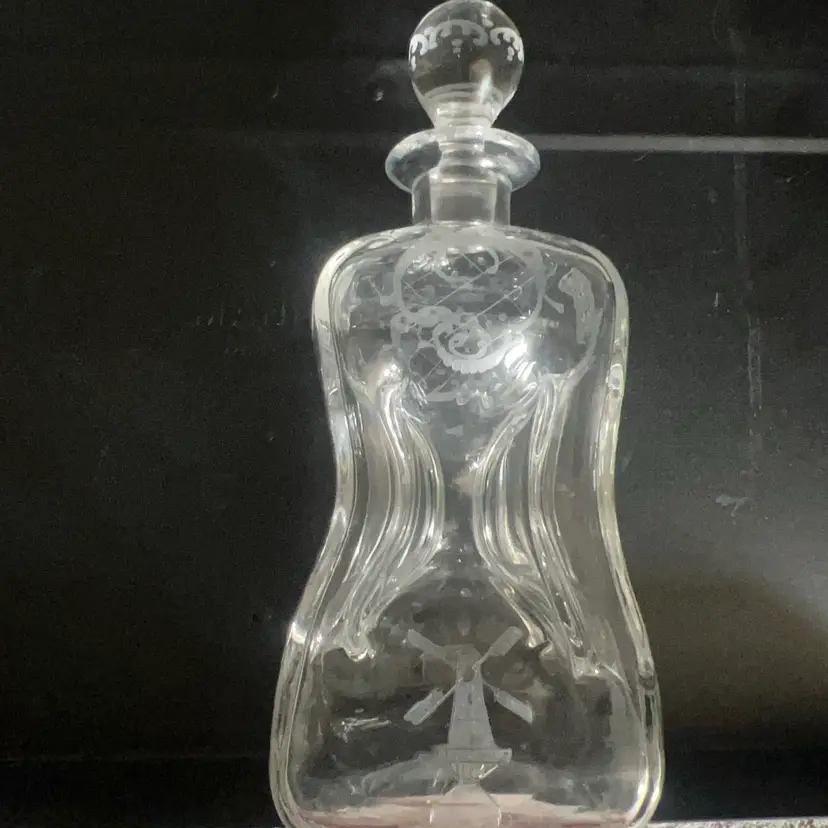Vintage Sculptural Hand Engraved Dutch Scene Glass Decanter Windmill Ship 11.25”