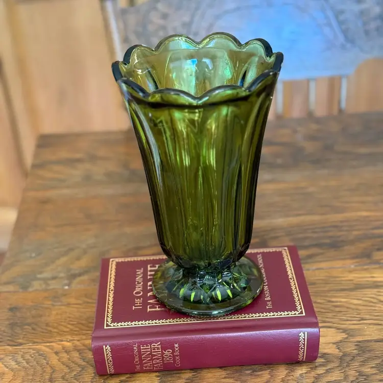 Vintage Avocado Green Glass Vase – 8" Scalloped Rim Trumpet Vase – Mid Century Pressed Glass by Paige’s Plates