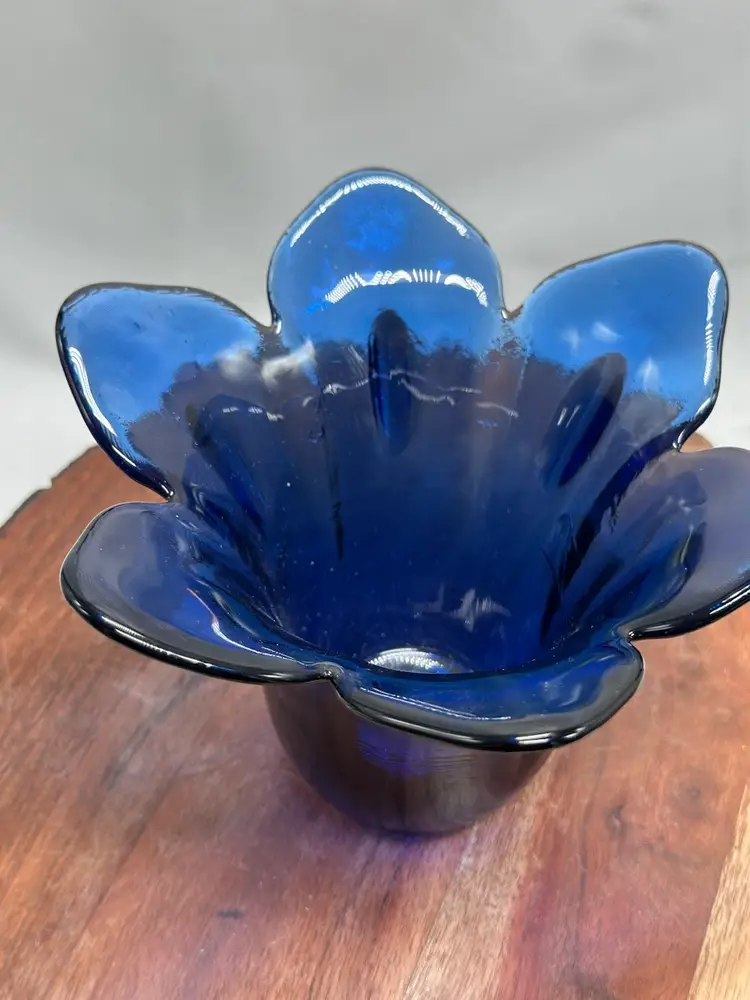 Cobalt Blue Glass 6 Petal Vase Hand Blown Textured