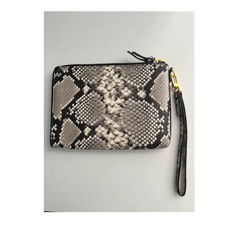 Britten Large Leather Zip Pouch Wristlet in Natural Embossed Snake