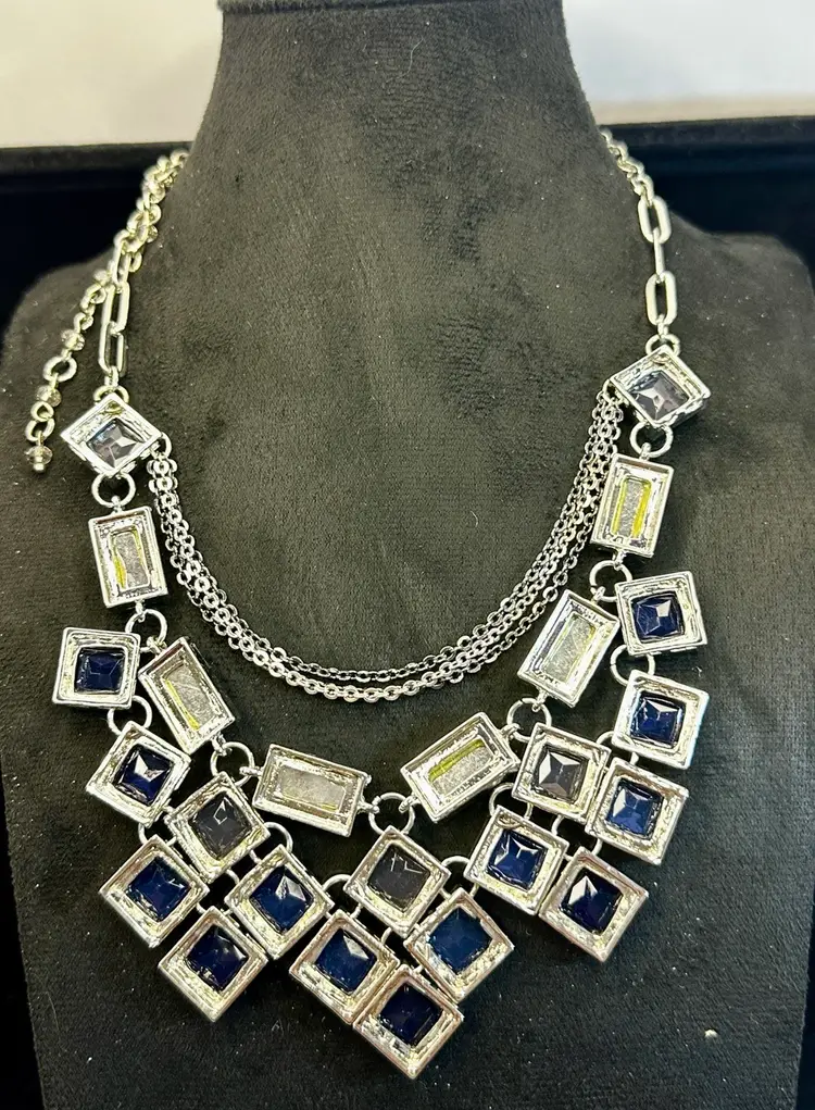 NY Co Bib Style Acrylic Blue & Smoky Stones Silver Tone Necklace