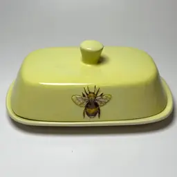 The Old Pottery Company Lidded Embossed Honey Bee Butter Dish Yellow Ceramic