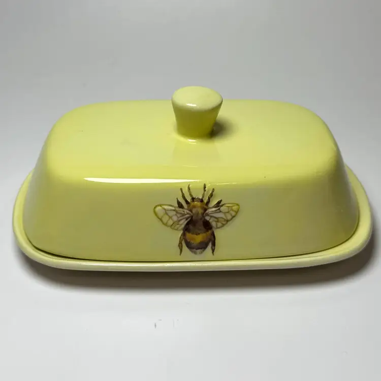 The Old Pottery Company Lidded Embossed Honey Bee Butter Dish Yellow Ceramic