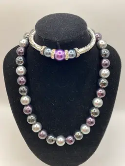 South Seas Style Colored Faux Pearl Strand Choker NECKLACE & Stretch BRACELET