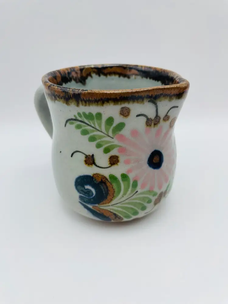 Ken Edwards Pottery Creamer/Pitcher 3.3” Tall Pink Flower El Palomar Mexico