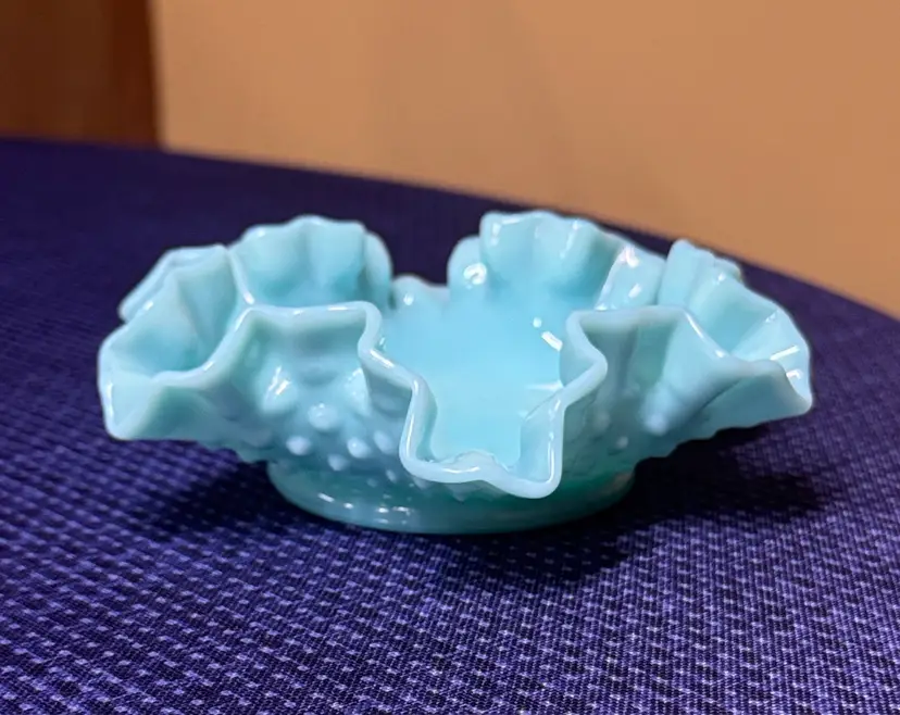 Fenton Turquoise Pastel Aqua Hobnail Milk Glass bonbon candy Dish 5.75” diameter