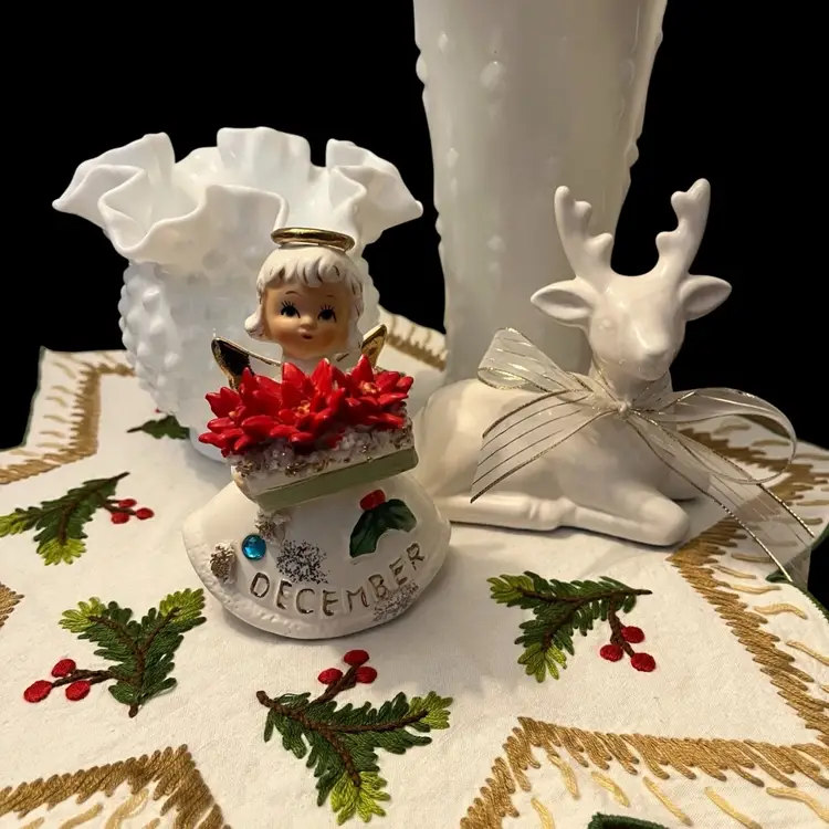 It's A White Christmas - Milk Glass Rose Bowl & Vase MCM Reindeer Table Topper & December Girl