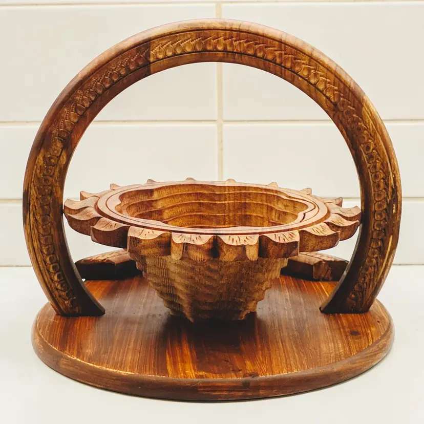 Sunflower Wooden Collapsible Accordion Bowl Basket Hand Carved Round