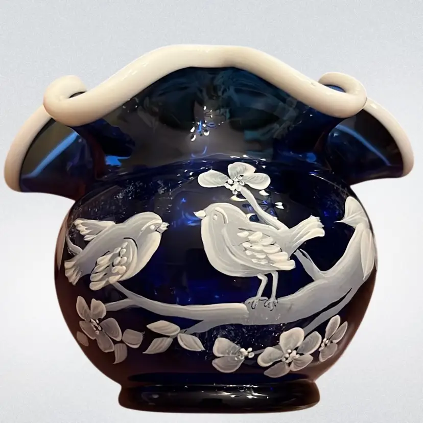 Fenton Snow Crest Cobalt Ruffle Rose Bowl Nancy Fenton Hand Painted By B Pezzoni 4” Tall X 5” Wide