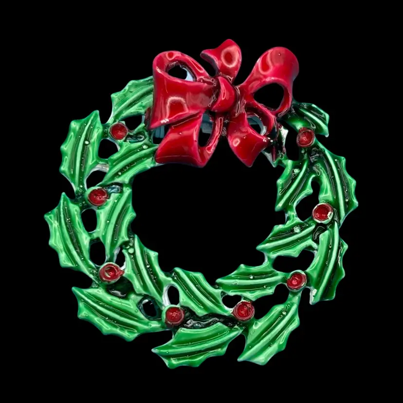 Vintage Red & Green Enamel Holly Wreath Brooch – Christmas Holiday Pin – Festive Bow Design