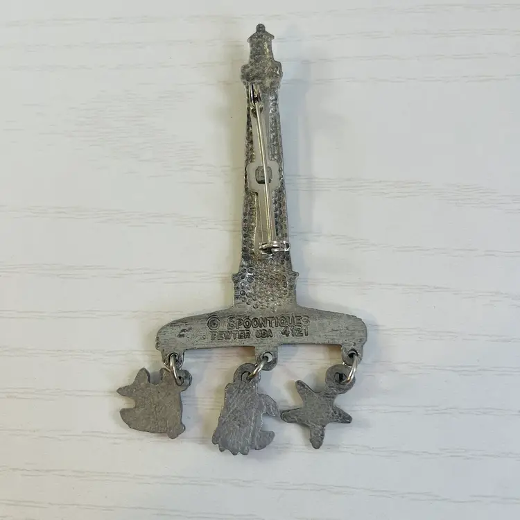 Spoontiques Pewter Lighthouse Brooch Pin w/ Fish, Crab, Starfish Charms 3”