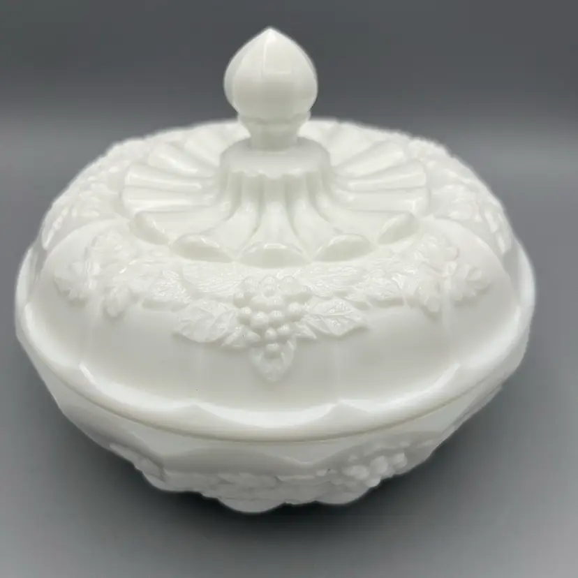 Westmoreland Milk Glass Paneled Round Grapevine Pattern Covered Candy Dish