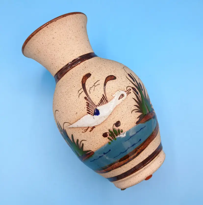 Vintage Tonala Vase, Signed CO, White Bird Flying Over Water 8"