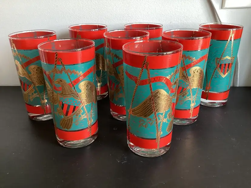 1741-Cera Eagle E Pluribus Unum Set Of 8 Highball Glasses Barware Gold Embossed 12 Oz