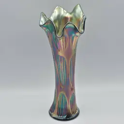 Antique Fenton Diamond & Rib Carnival Green Glass Vase