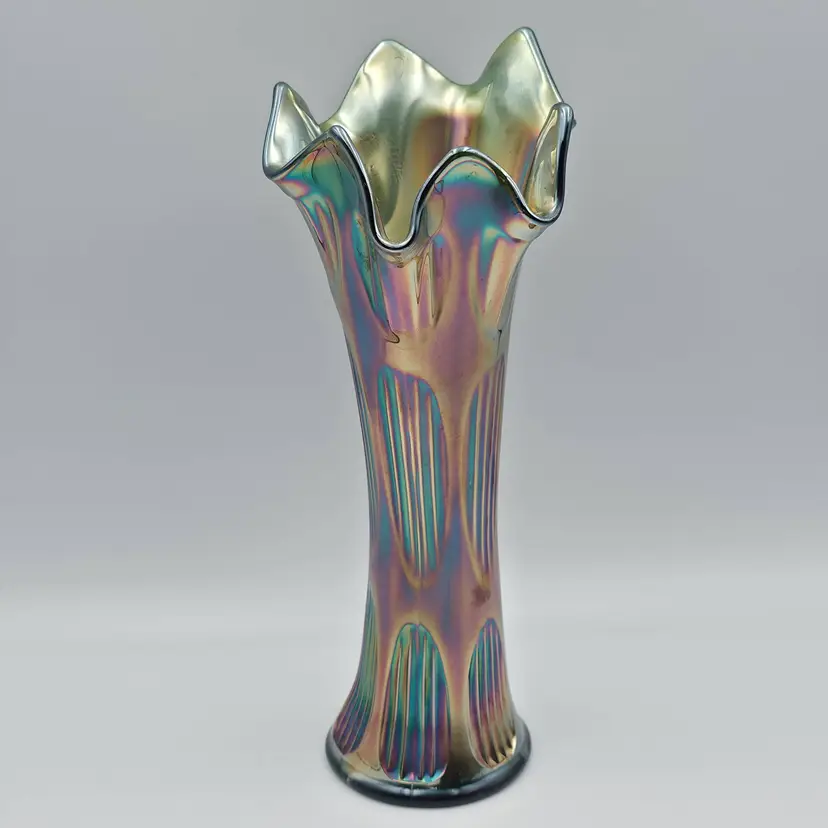 Antique Fenton Diamond & Rib Carnival Green Glass Vase