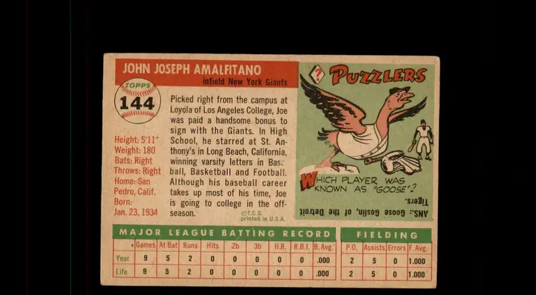1955 Topps #144 Joe Amalfitano - (pk-tl1) - New York Giants