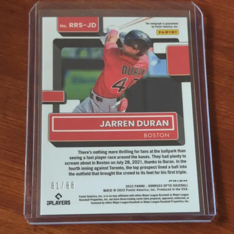 2022 Donruss Optic Jarren Duran Autograph Green Mojo Prizm /88 Boston Red Sox