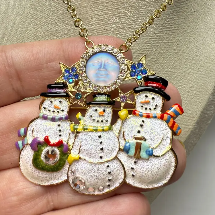 Kirk's Folly Seaview Moon Snowmen Carolers Pendant Brooch 20" Gold Tone Chain