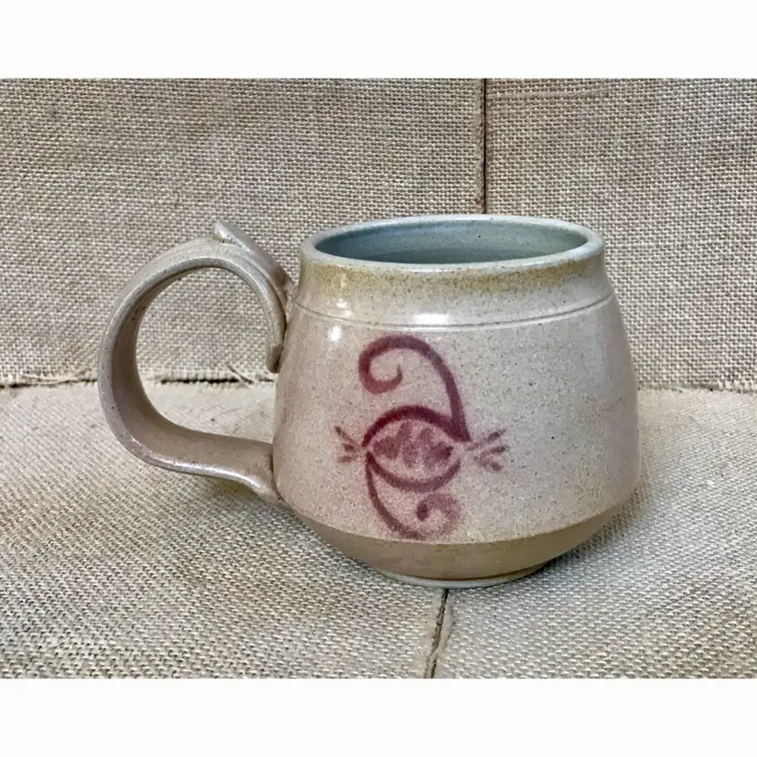 Handmade Pottery Mug Cup Double Spiral Eye Symbol Beige Brown Wide Handle