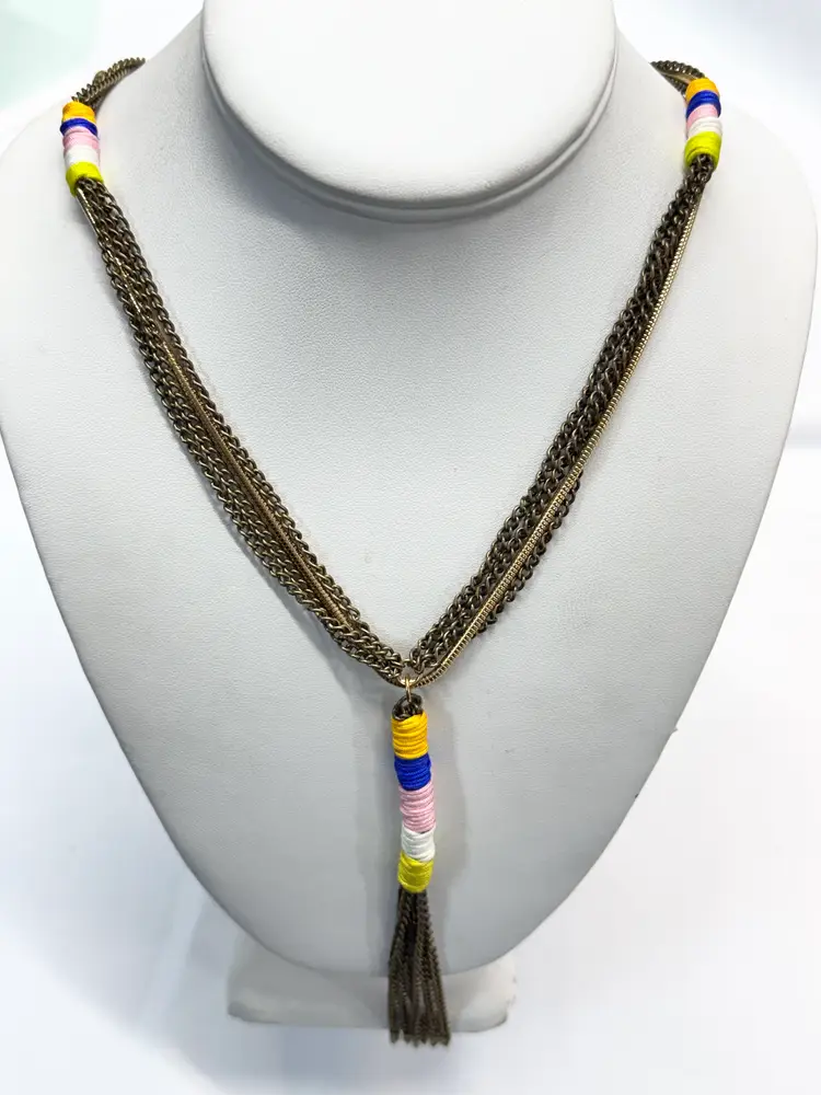 Vintage multi chain silk wrap tassel necklace