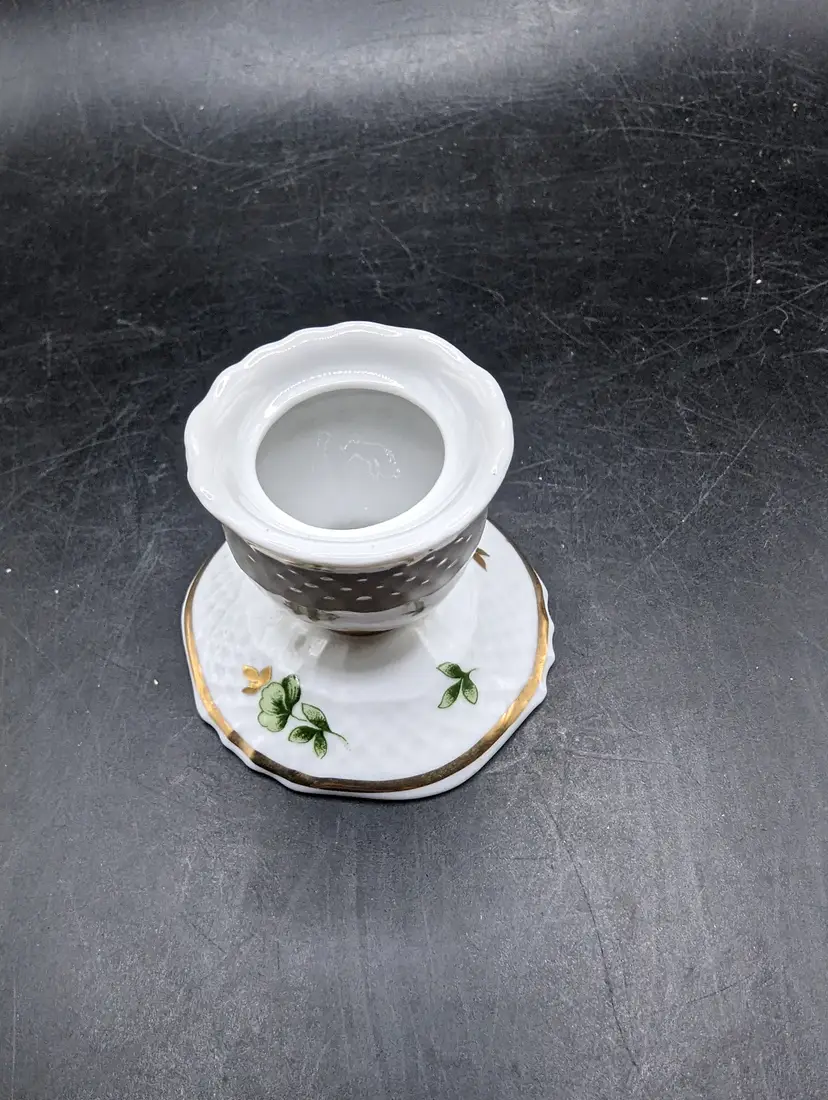 Vintage Hollohaza Hungary Porcelain Candle Holder Green Clover Design With Gold Accents