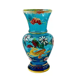 Vintage Jose Cire Royo Signed Spanish Art Blue Glass Hand Painted Vase Floral Deer Whimsical
5” T x 2-1/2” W