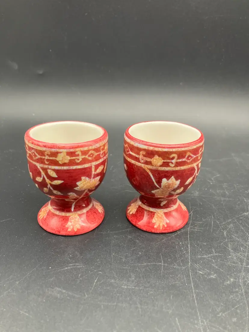 BIN - Pair Of Burgundy Ceramic Floral Leaf Egg Cups Made In Thailand
