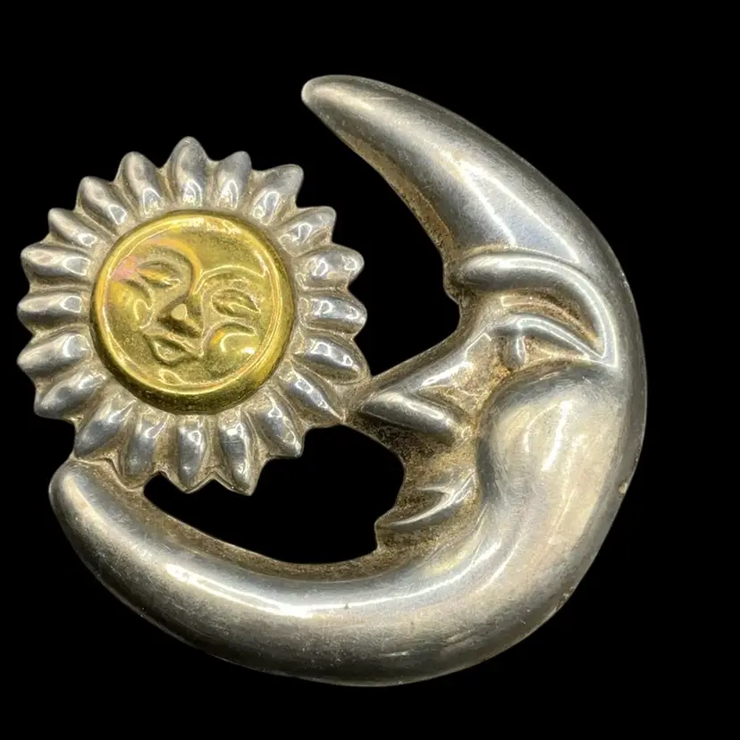 Sterling .925 Crescent Moon Brass Sun Mexico Brooch / Pendant 2.5” x 2.5"