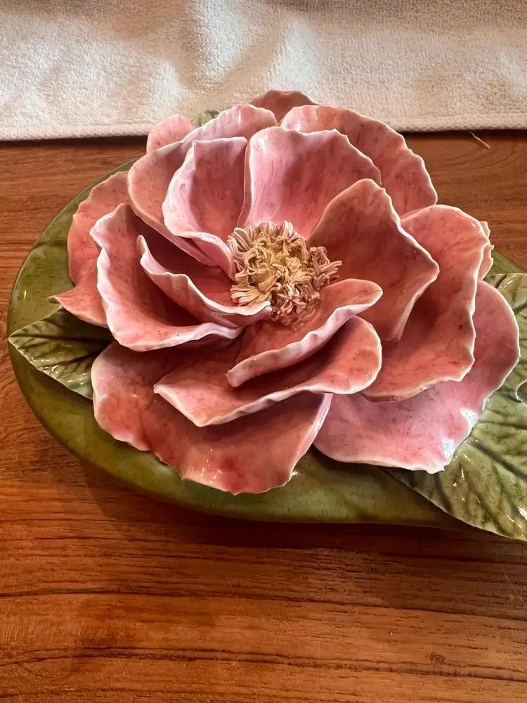 Large porcelain trinket box with pink flower 
