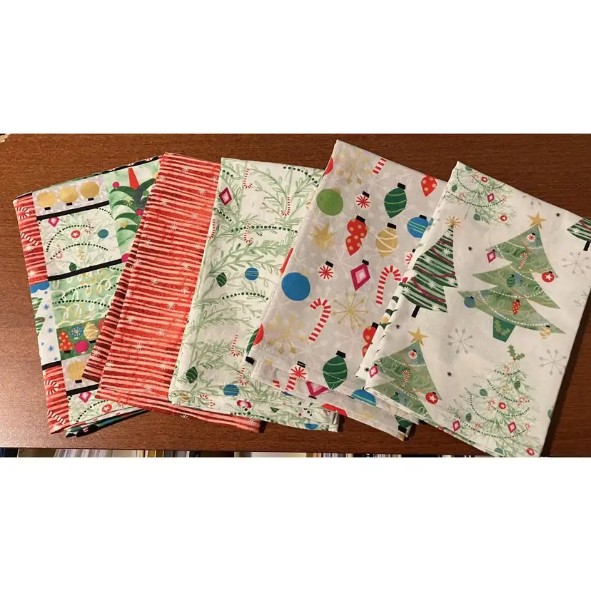 5 Hand Made Christmas Holiday Cotton Napkins Red Tree White stitch
