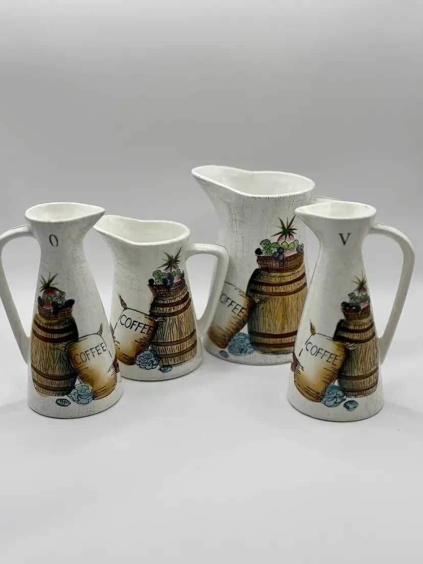 Vintage 1960’s MCM Nasco Del Coronado Creamer Pitcher Set, Oil & Vinegar Pitcher Set, Wooden Barrel Coffee Motif, Made In Japan, Set Of 4
