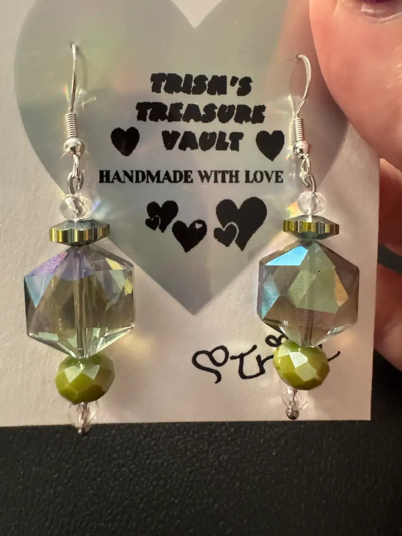 Handmade With Love Iridescent Hexagon & Green Glass Bead Earrings