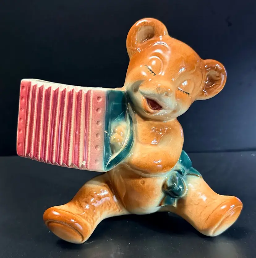 Vintage Royal Copley 7 1/2" Concertina Teddy Bear Planter MCM