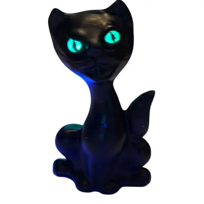 Spooky Black Cat Ceramic Figurine Vintage Mold Handpainted By me glowy eyes! 3”