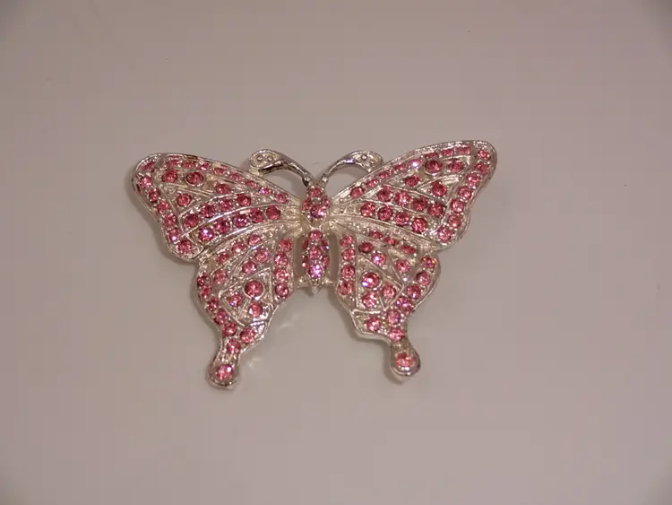 Vintage Roman Pink Rhinestones Butterfly Brooch Silver Tone Scarf Pin Marked