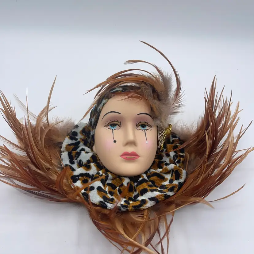 Art Decor Lady Face with feathers Mask Wall Hanging Porcelain face 9” X 6” Brown Feathers