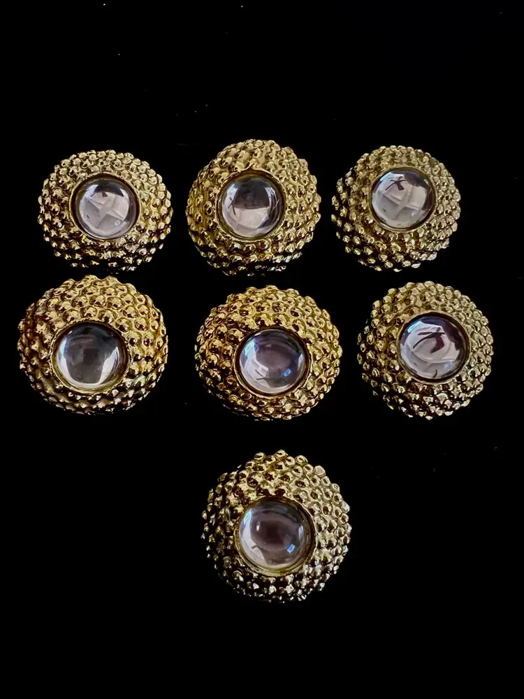 1980's Round Domed Clear Cabochon  Bright Goldtone Metal Buttons 7PCS