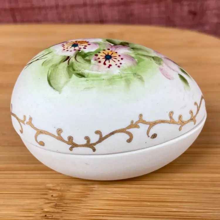 Trinket Box, Porcelain / Bisque, Floral Decorated, Egg Shaped. Made In Japan.