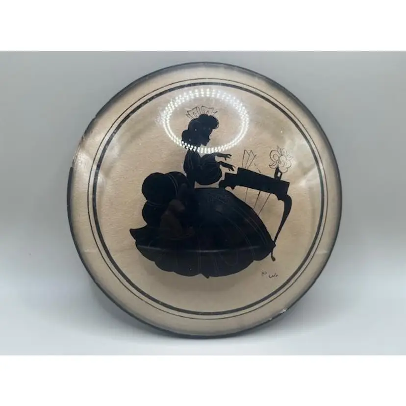 Peter Watson Framed Reverse Painted Woman At Piano Silhouette ~Round Convex Glass ~ Vintage ~ Measures 5.75 inches