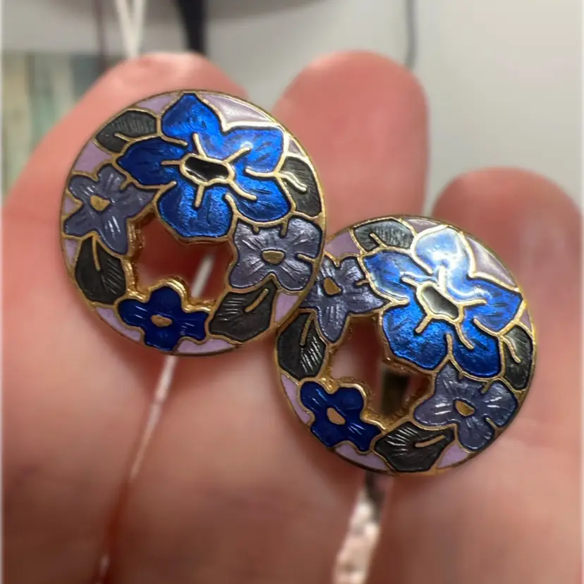Clip Back Cloisonné Flowers .75” Round Earrings
