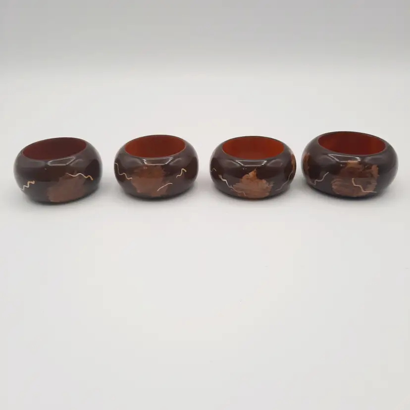 Fall Leaves Wood Napkin Rings Brown Gold Set of 4 Made in India
