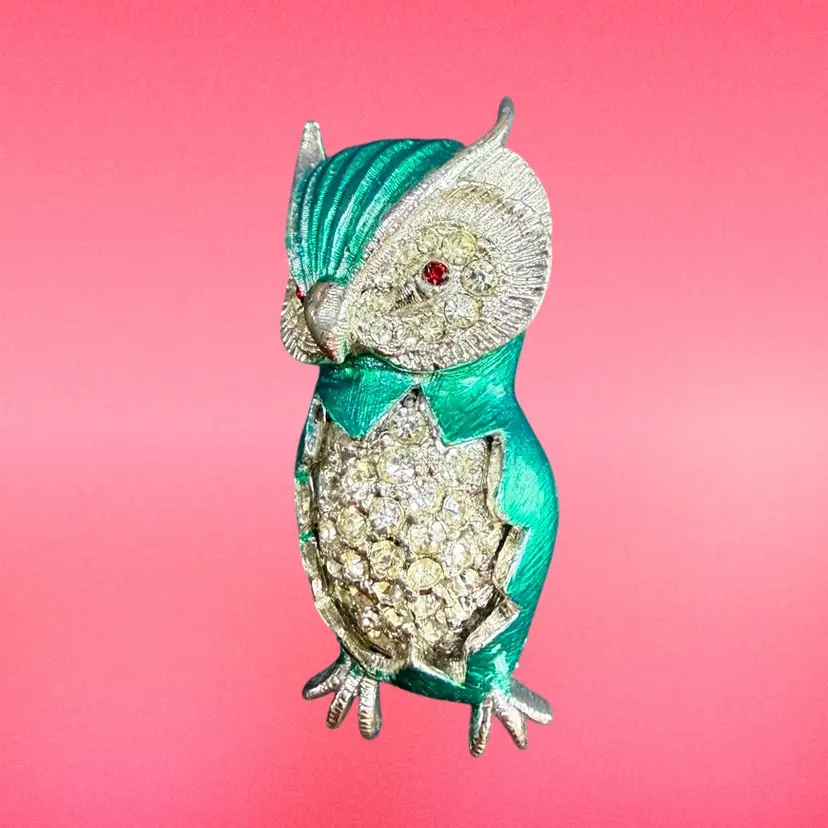 Vintage MCM Green Enamel Rhinestone Owl Brooch Silver Tone