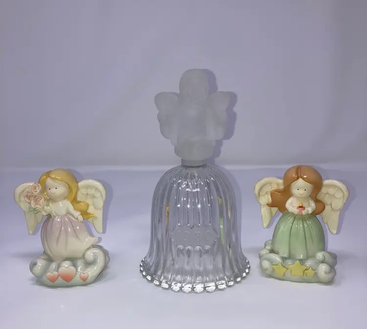 Guardian Vignette  Vintage Goebel 1980 Frosted Angel Glass Bell w/Clapper (6 1/2” Tall) Vintage 2003 Angels & Company Cloud Works Little Love 31303 (3 1/2” Tall) Vintage 2003 Angels & Company Cloud Works Little Peace 31301 (3 1/2” Tall)