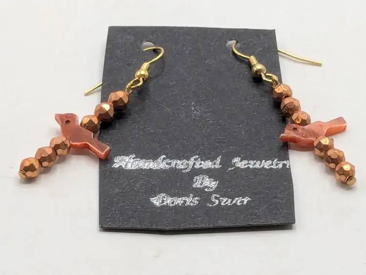 Handcrafted Copper Color Bird Beaded Dangle Pierced Earrings NOS