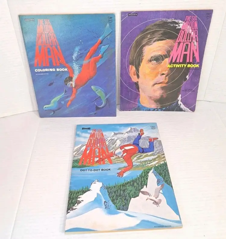 1970s Vtg Lot (3) Six Million Dollar Man Activity Coloring Dot-to-Dot Books 70s