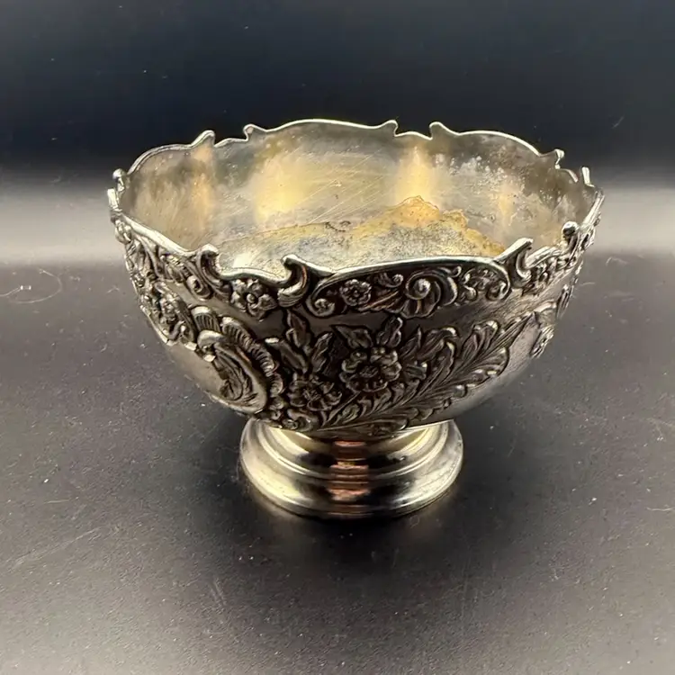 Vintage F.B. Rogers Silver-Plated Pedestal Bowl With Ornate Floral Relief Pattern