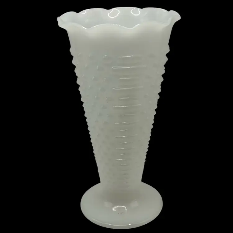 Vintage White Milk Glass Hobnail Trumpet Vase By Anchor Hocking, 9-1/2” Tall